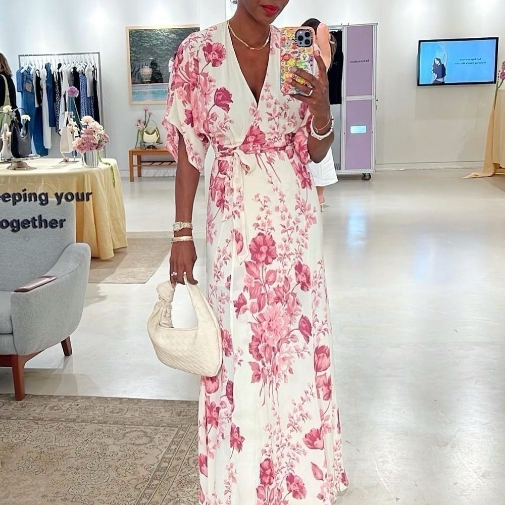 NWT Reformation Winslow Wrap Maxi Dress Side Slit SIZE S in Crista Pink Floral - Picture 2 of 8